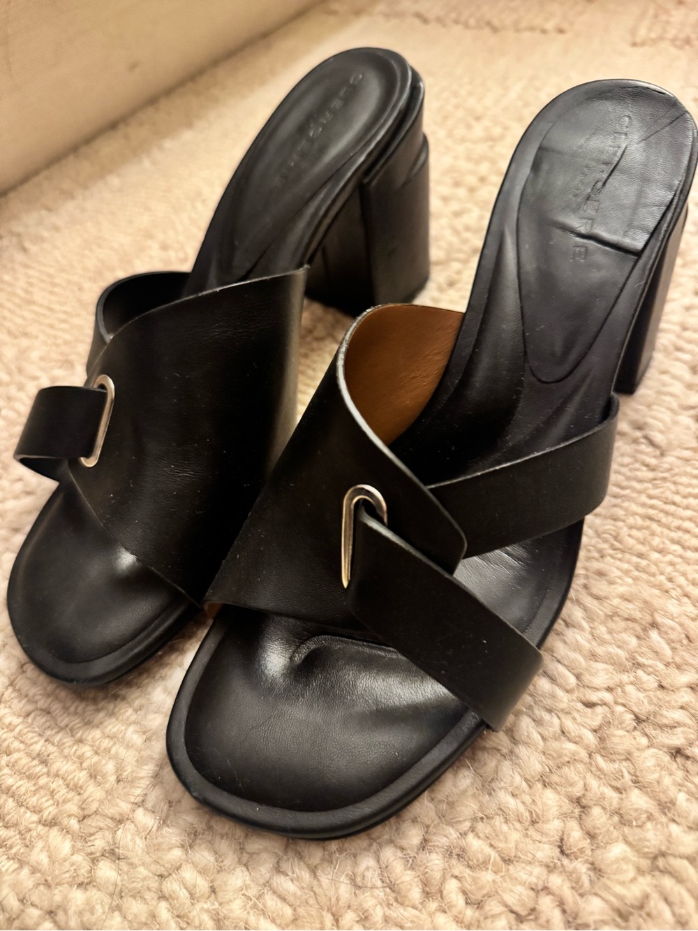 Robert Clergerie Black Leather Buckle Mule Heels